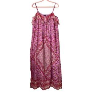 Antik Batik Dress Womens Medium Pink Maxi Geo Floral Ruffle Boho Hippie Beachy